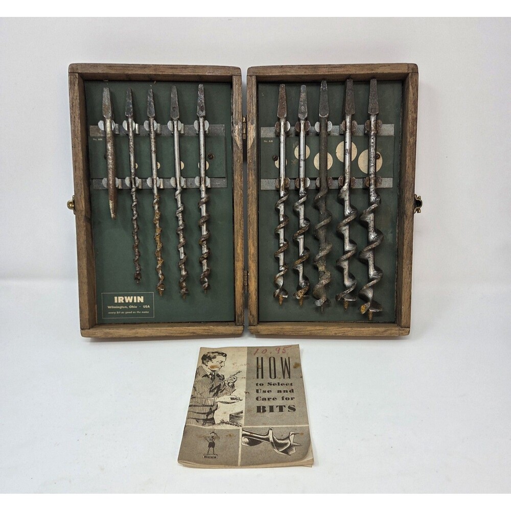 Irwin Auger Bit Set 13‎ Pc Solid Center Original Wood Case Booklet USA Vintage
